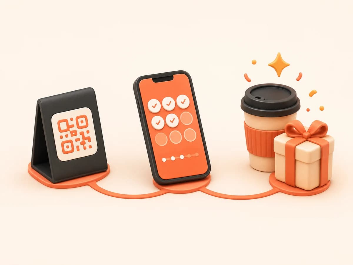 QR-плакат, телефон с прогрессом покупок и подарок для клиента